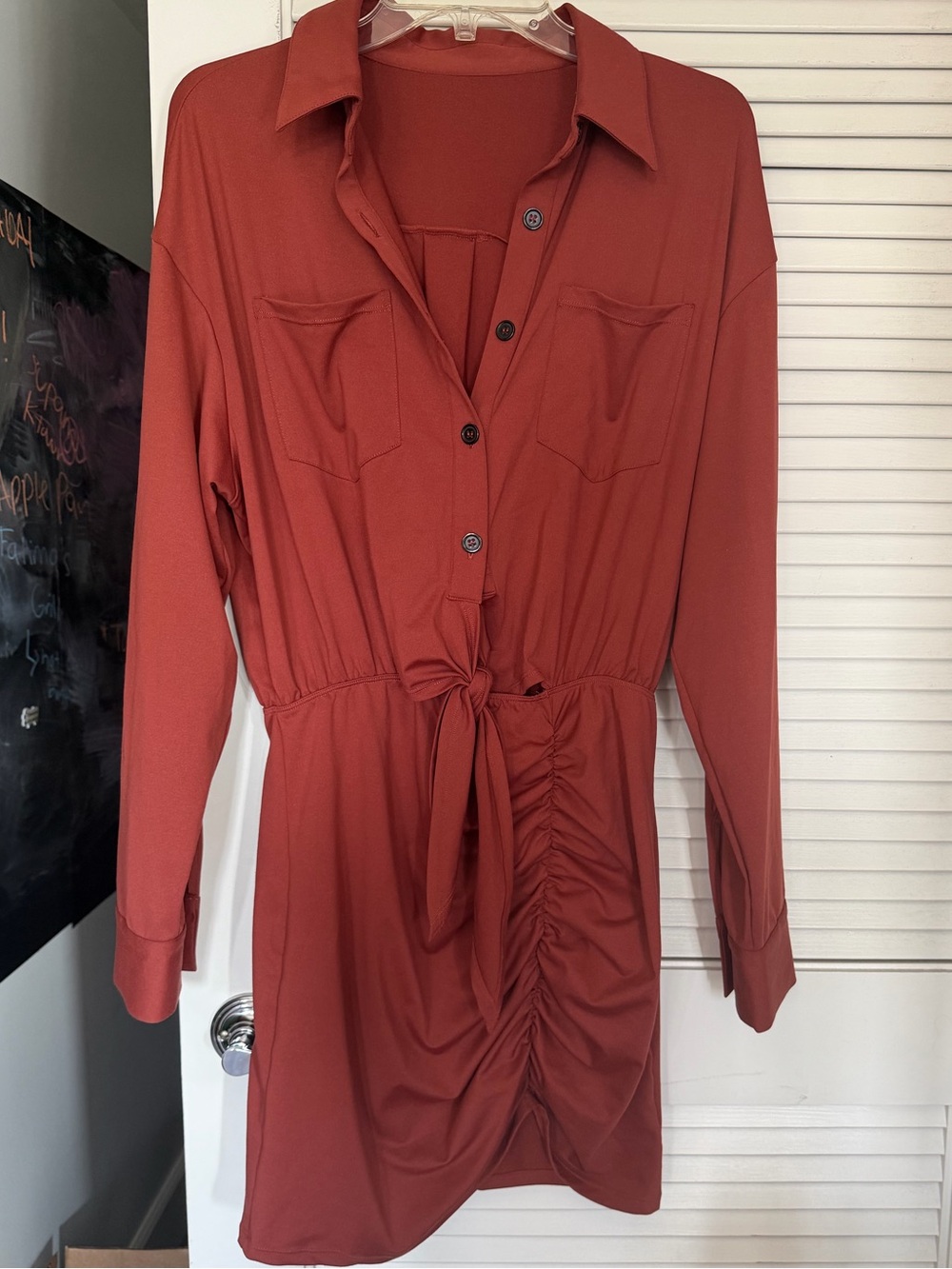 HALARA Long-Sleeve Tie-Front Shirt Dress in Rust